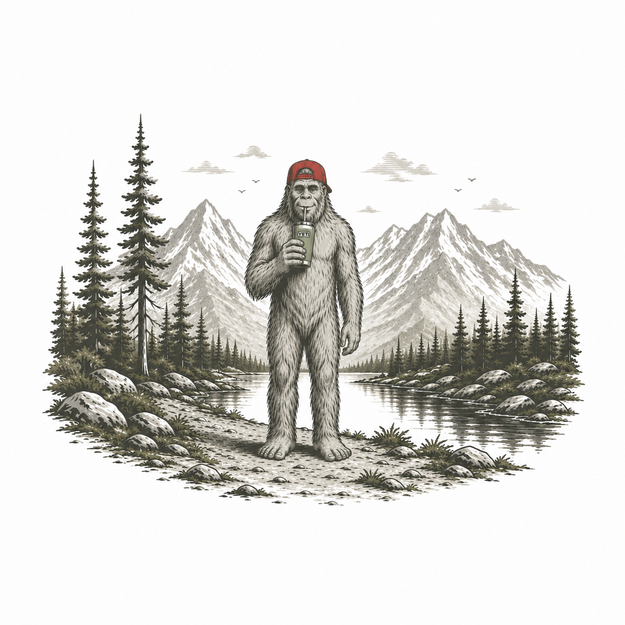 Sasquatch in a mountain forest, drinking from a cup